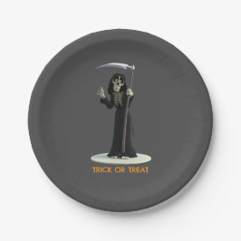 Trick or Treat. Cartoon Grim Reaper Papieren Bordje