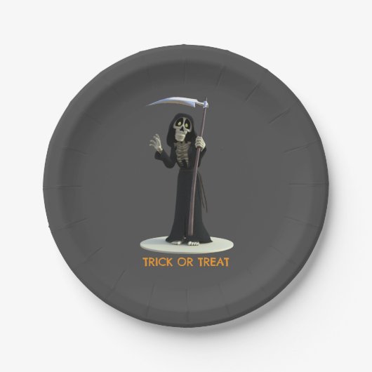 Trick or Treat. Cartoon Grim Reaper Papieren Bordje (Voorkant)