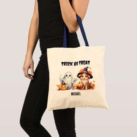 Trick or treat Custom Ghost Puppy Halloween Snoep Tote Bag (Voorkant (product))
