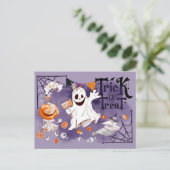 Trick or treat. Fun Ghost, Pumpkin Girl Halloween Briefkaart (Staand voorkant)