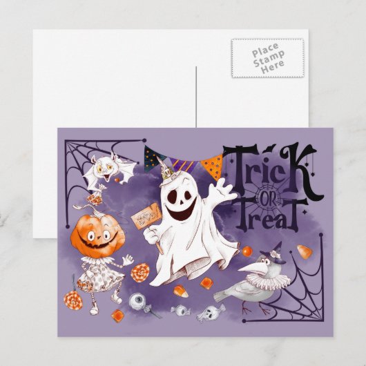 Trick or treat. Fun Ghost, Pumpkin Girl Halloween Briefkaart (Voorkant / Achterkant)