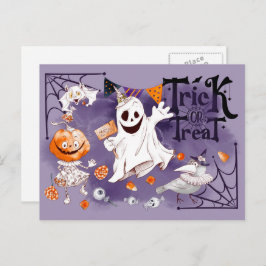Trick or treat. Fun Ghost, Pumpkin Girl Halloween Briefkaart