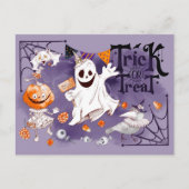 Trick or treat. Fun Ghost, Pumpkin Girl Halloween Briefkaart (Voorkant)