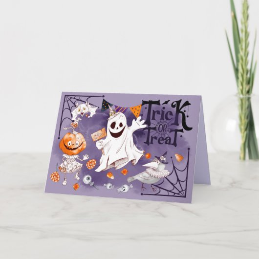 Trick or treat. Fun Ghost, Pumpkin Girl, Raven Kaart (Voorkant)