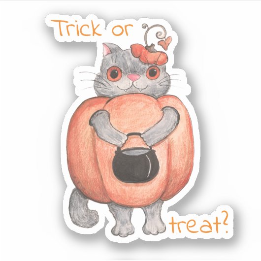 Trick or treat? Funny Pumpkin Cat Sticker (Voorkant)