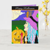 Trick or treat getuige One Hand Drawn Cartoon Witc Kaart (Gele Bloem)