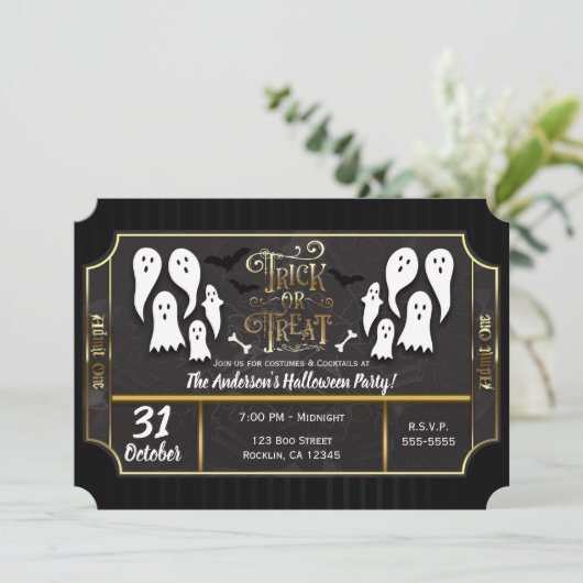 Trick or treat Ghosts Black & Gold Halloween Party Kaart (Staand voorkant)