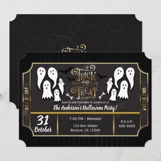 Trick or treat Ghosts Black & Gold Halloween Party Kaart (Voorkant / Achterkant)