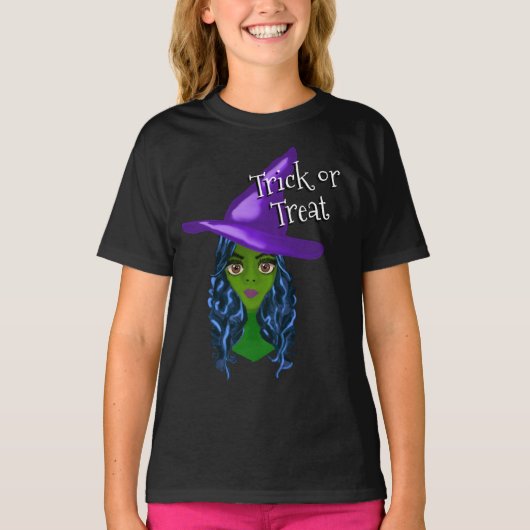Trick or treat groene heks met Paarse Pet T-shirt (Voorkant)