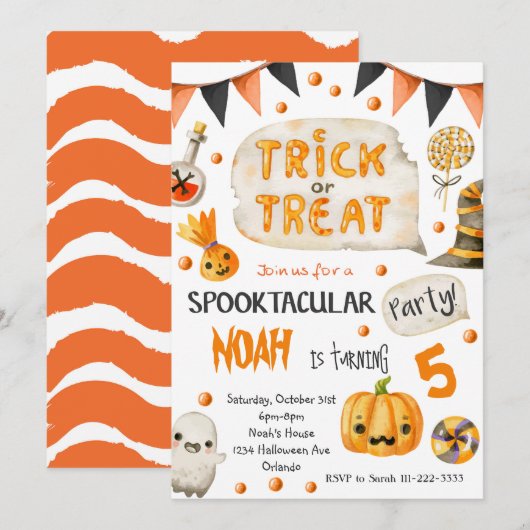 Trick or treat Halloween Birthday Uitnodiging (Voorkant / Achterkant)