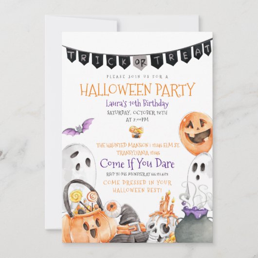 Trick or treat Halloween Birthday Uitnodiging (Voorkant)