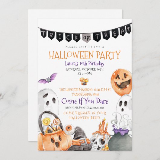 Trick or treat Halloween Birthday Uitnodiging (Voorkant / Achterkant)