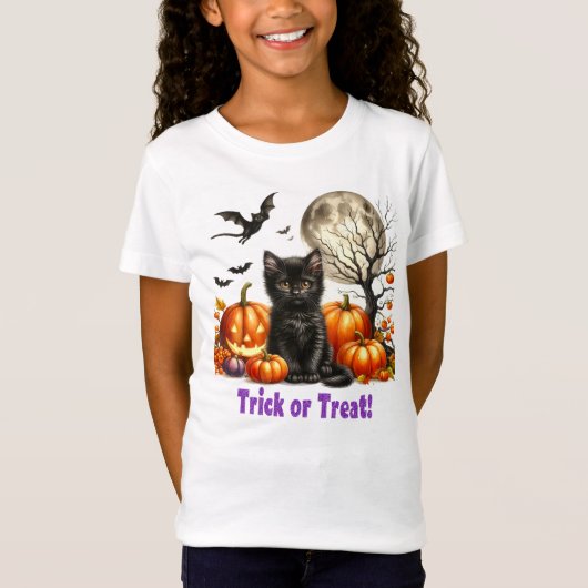 Trick or Treat Halloween Black Cat Pumpkin T-Shirt (Voorkant)
