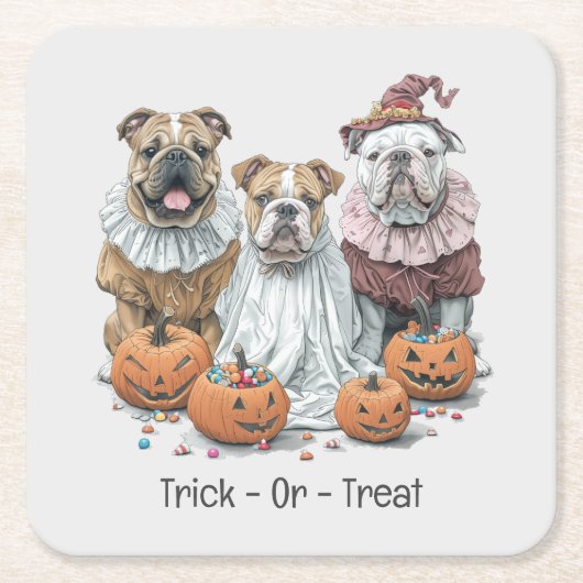 Trick or treat Halloween Engelse Bulldogs Pompoen Kartonnen Onderzetters (Voorkant)