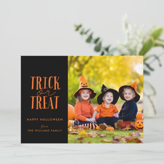 Trick or treat Halloween-fotokaart Feestdagenkaart (Staand voorkant)