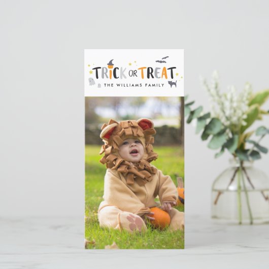 Trick or treat Halloween-fotokaart Feestdagenkaart (Staand voorkant)