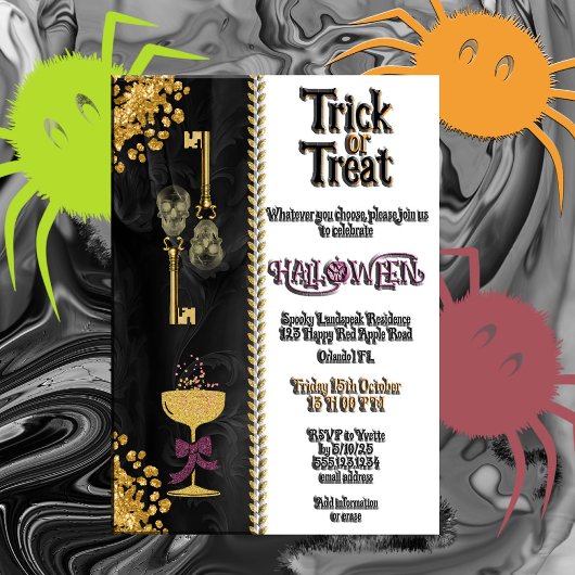 Trick or treat Halloween Gold Glitter Skulls Kaart