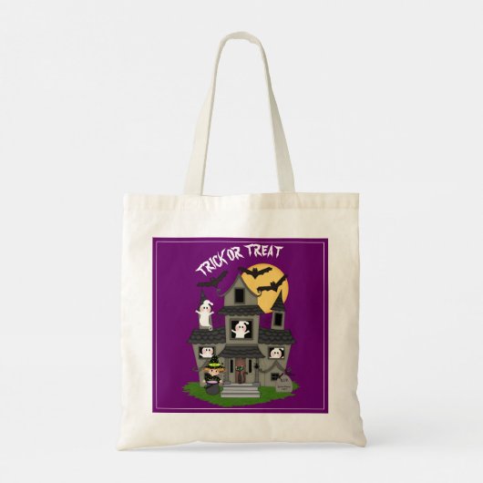 Trick or treat Halloween hauned house paars Tote Bag (Achterkant)