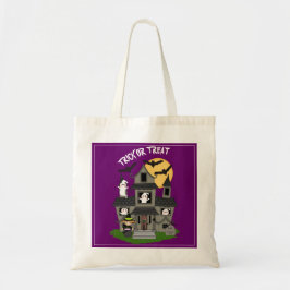 Trick or treat Halloween hauned house paars Tote Bag