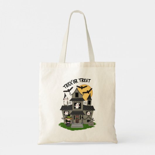 Trick or treat Halloween haunted house met heks Tote Bag (Achterkant)