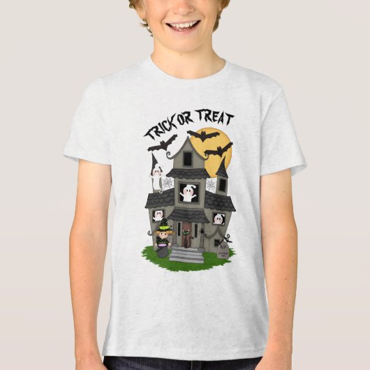 Trick or treat Halloween haunted house met heks Tri-Blend Shirt (Voorkant)