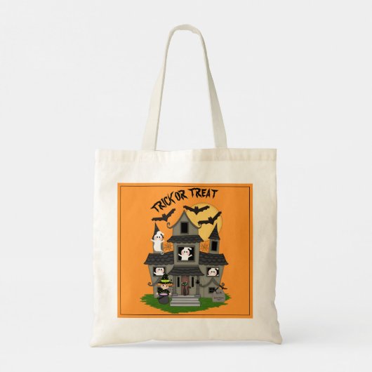 Trick or treat Halloween haunted house oranje Tote Bag (Achterkant)