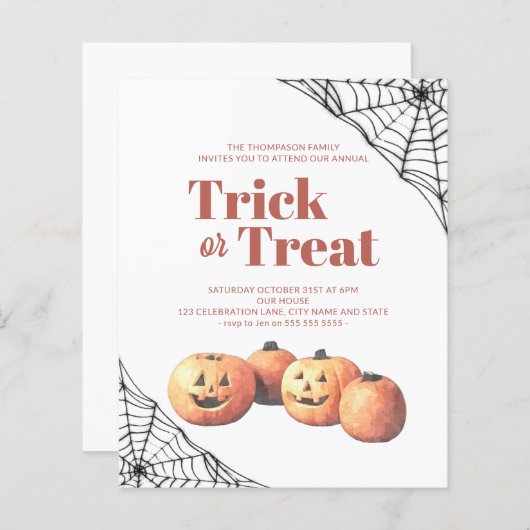 Trick or treat Halloween Minimalist Pumpkin Invite (Voorkant / Achterkant)