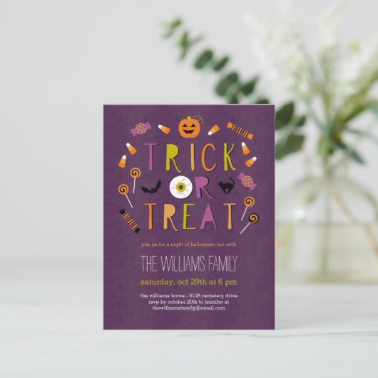 Trick or treat Halloween Party Invitation Briefkaa Uitnodiging Briefkaart (Staand voorkant)
