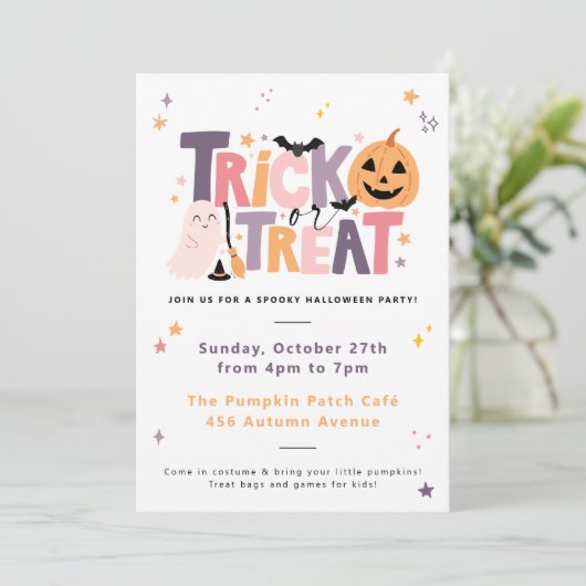 Trick or treat Halloween Party Invitation Kaart (Staand voorkant)