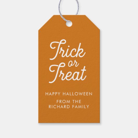 Trick or treat Halloween Sinaasappel met witte tek Cadeaulabel (Voorkant)