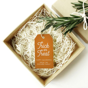 Trick or treat Halloween Sinaasappel met witte tek Cadeaulabel