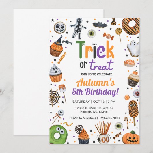 Trick or treat Halloween verjaardagsuitnodiging. Kaart (Voorkant / Achterkant)