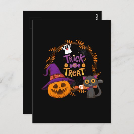 Trick or treat, Happy Halloween, Funny Pumpkin Cat Briefkaart (Voorkant / Achterkant)