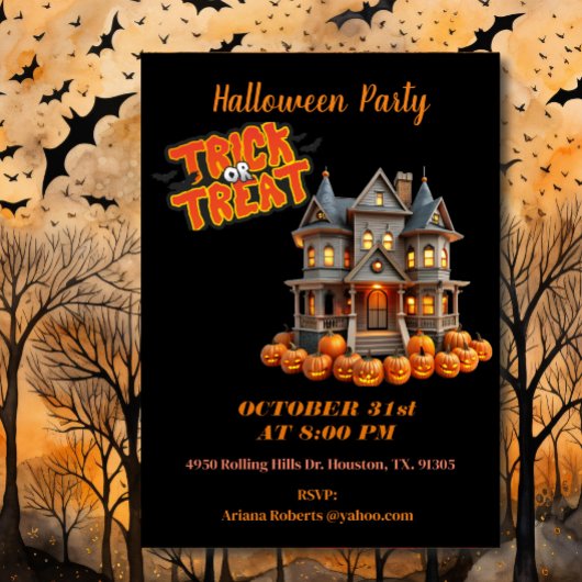 Trick or treat Haunted House Black Halloween Kaart