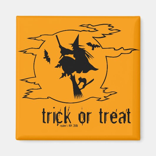 Trick or treat heks op kamer met vleermuizen + zwa magneet (Voorkant)