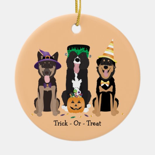 Trick or treat honden in Halloween Costumes Keramisch Ornament (Voorkant)