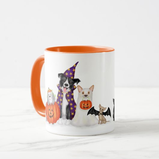 Trick or treat? Honden in Halloween kostuums mok (Voorkant links)