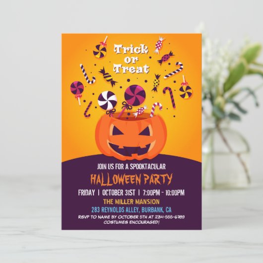 Trick or treat Jack-O-lantern Halloween Party Kaart (Staand voorkant)