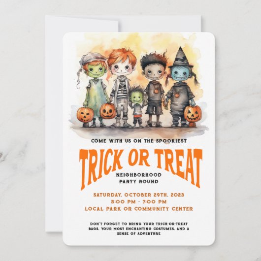 Trick or treat Kinder Halloween Buurtfeest Kaart (Voorkant)