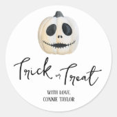 Trick or treat label, spooky pompoen halloween ronde sticker (Voorkant)