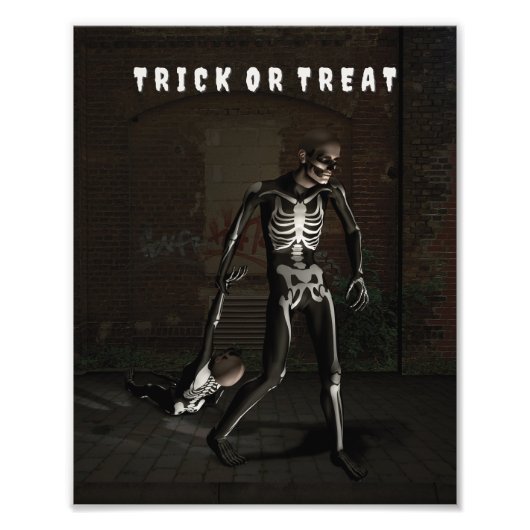 Trick or Treat. Man dressed as skeleton Foto Afdruk (Voorkant)