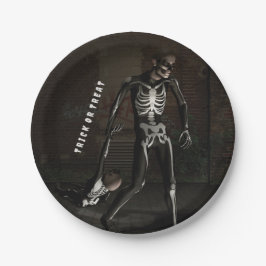 Trick or Treat. Man verkleed als skelet Papieren Bordje