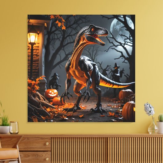 Trick or treat met een velociraptor canvas afdruk (Insitu (Woonkamer))
