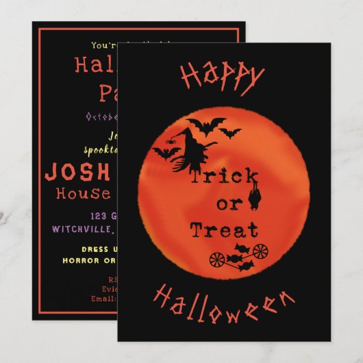 Trick or treat met heks en vlekken op Oranje maan Kaart (Voorkant / Achterkant)