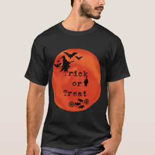 Trick or treat met heks en vlekken op Oranje maan T-shirt