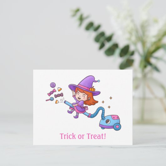 Trick or treat met kleine heks op stofzuiger briefkaart (Staand voorkant)