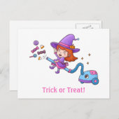 Trick or treat met kleine heks op stofzuiger briefkaart (Voorkant / Achterkant)