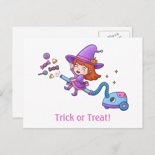 Trick or treat met kleine heks op stofzuiger briefkaart (Voorkant / Achterkant)