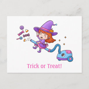 Trick or treat met kleine heks op stofzuiger briefkaart