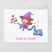 Trick or treat met kleine heks op stofzuiger briefkaart (Voorkant)